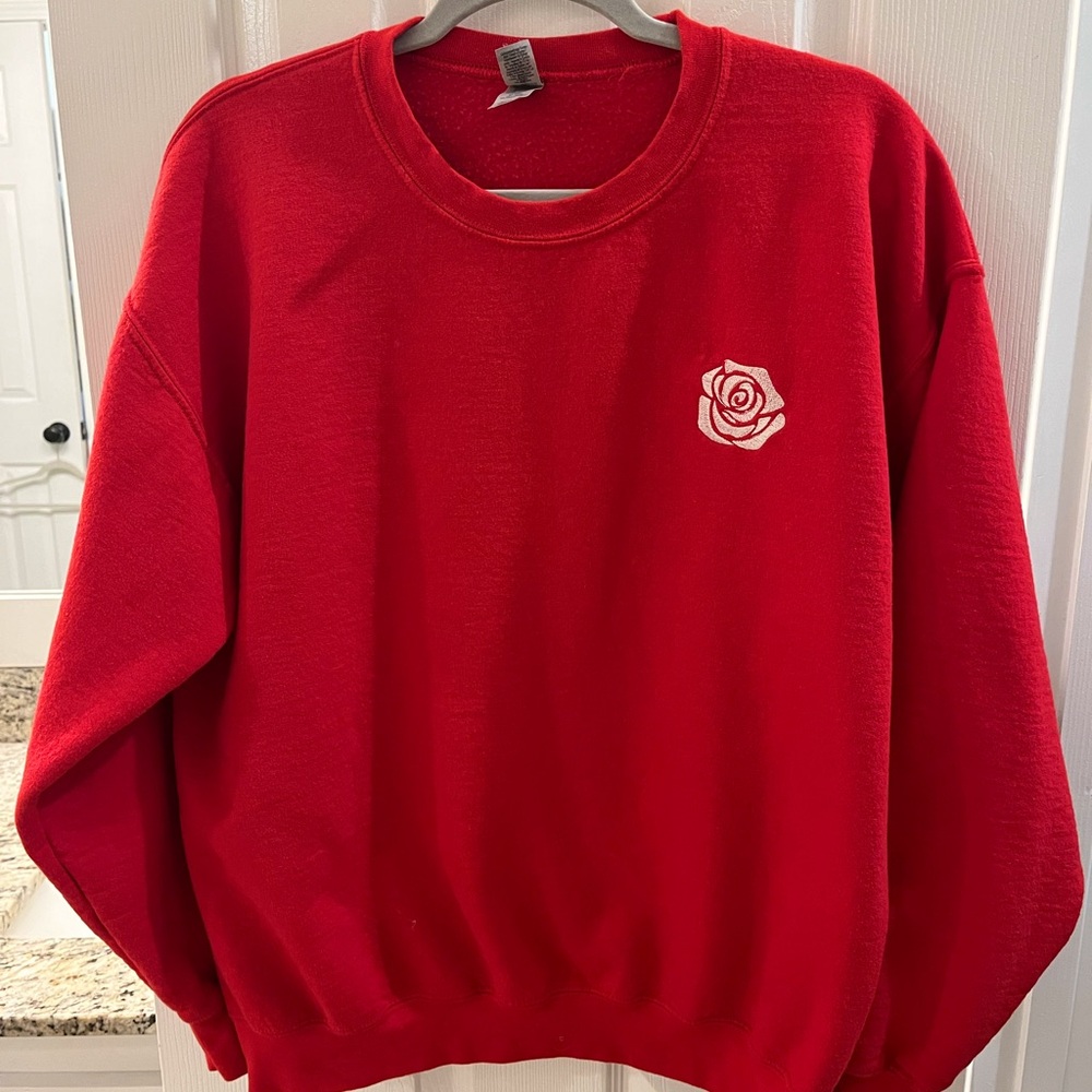 Large rose embroidered crimson red custom sweatshirt gildan heavy blend